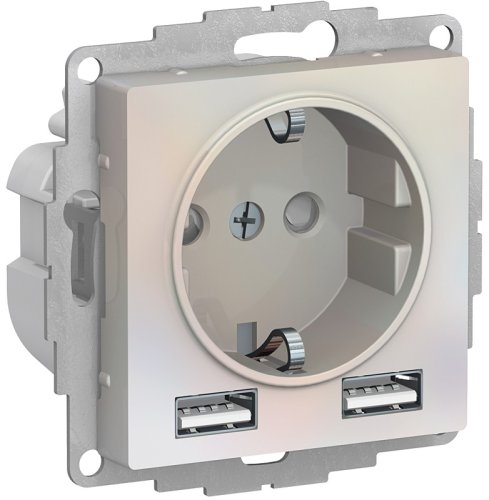 Розетка с заземлением +2xUSB тип A+A без рамки Systeme Electric AtlasDesign 1-м. жемчуг фото Розетка с заземлением +2xUSB тип A+A без рамки Systeme Electric AtlasDesign 1-м. жемчуг картинка